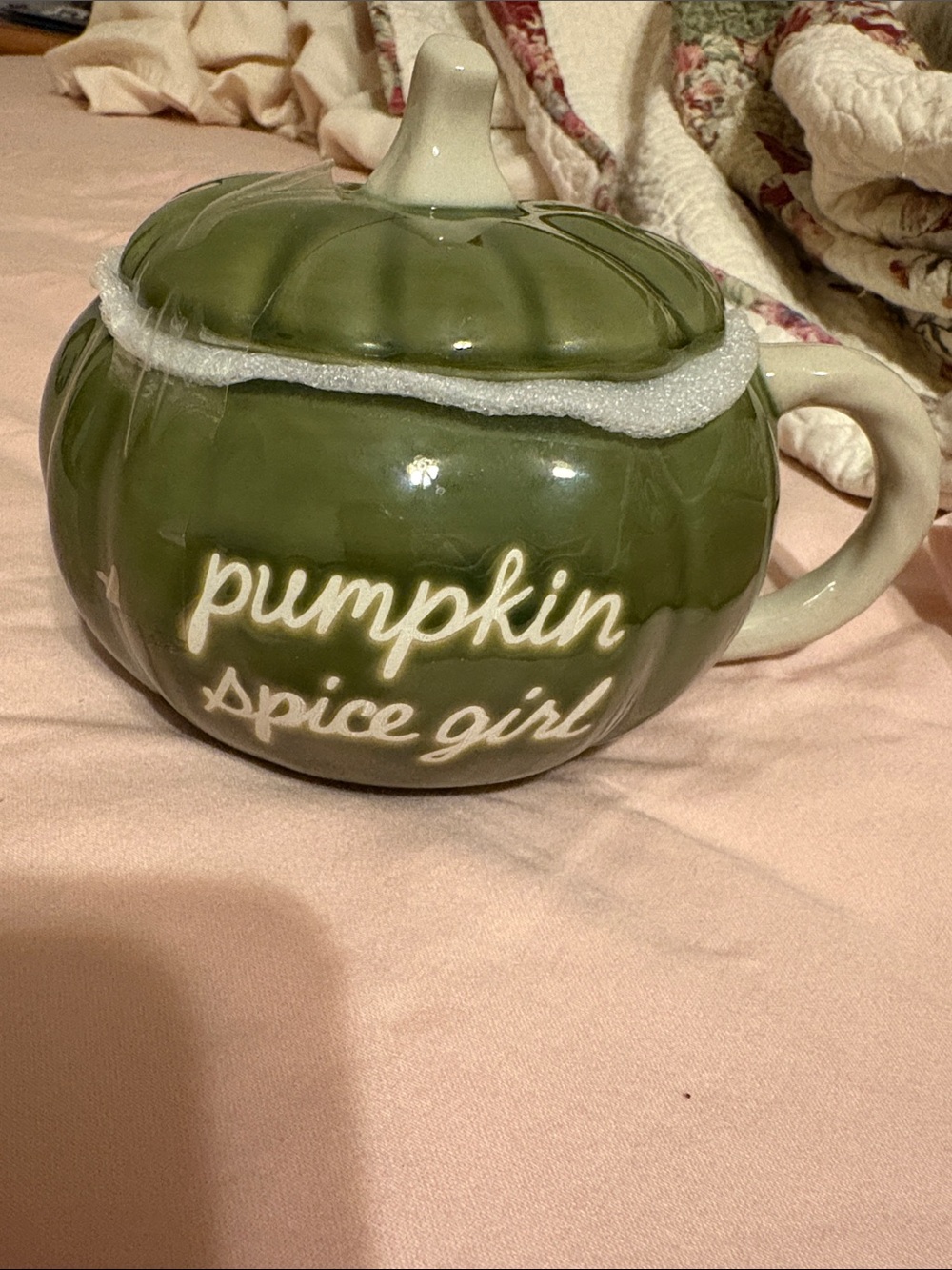 Celebrate Together Olive Green Ceramic Pumpkin Spice Girl Mug with Lid